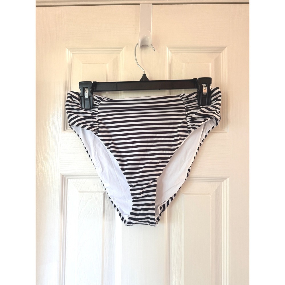AQUA Striped High Waist Bikini Bottom Black White Bloomingdales Exclusive XS